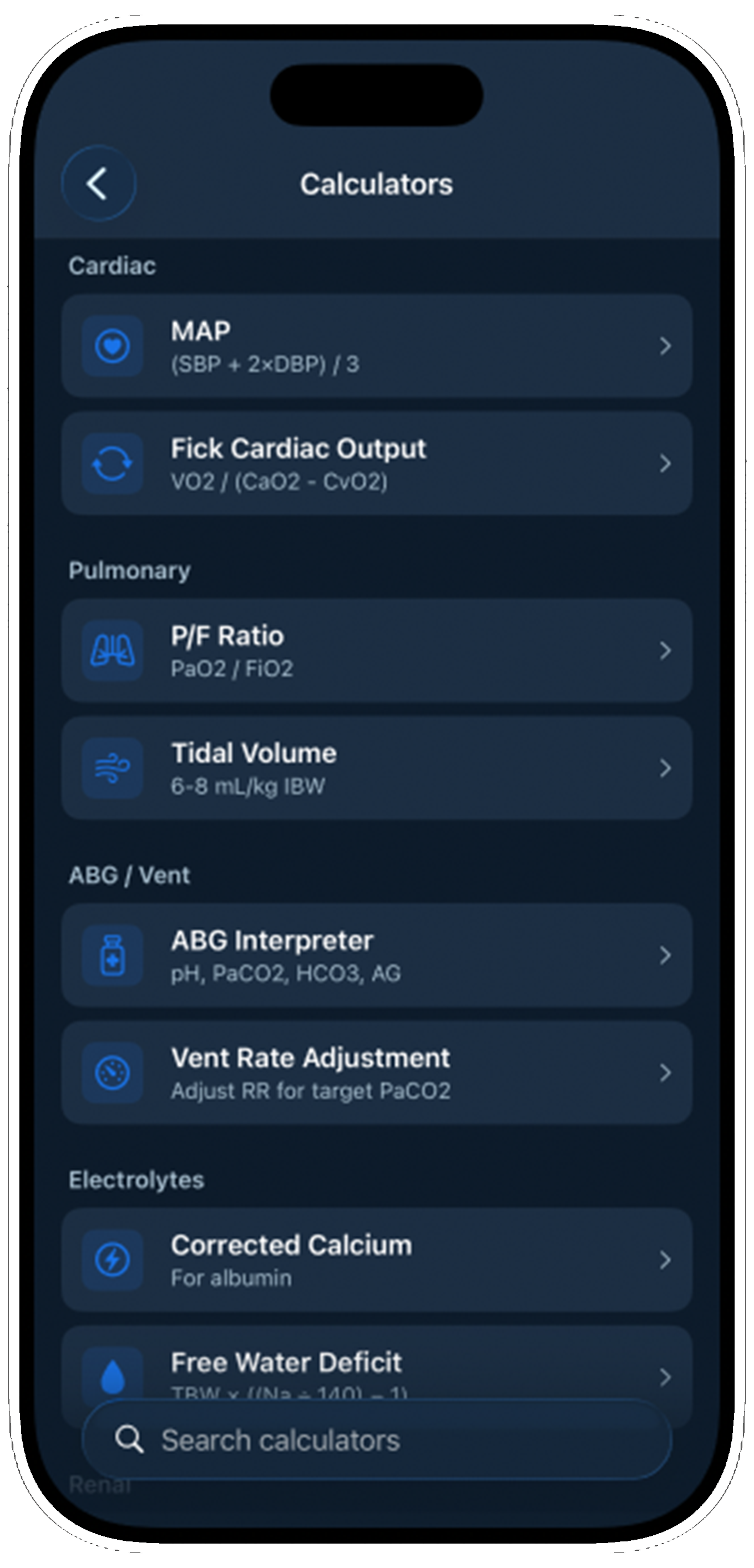 Clinical Calculators screen